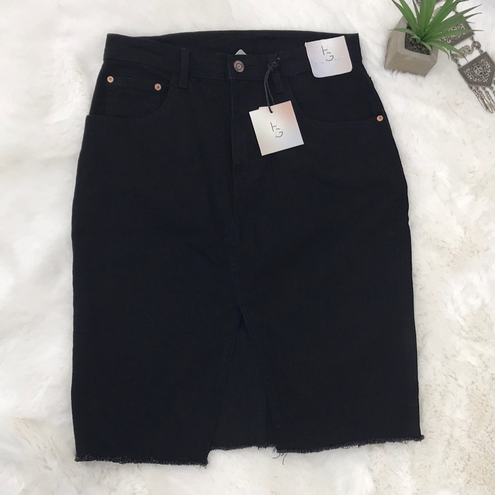 Happily Grey Boho Black Jean Skirt with Front Slit